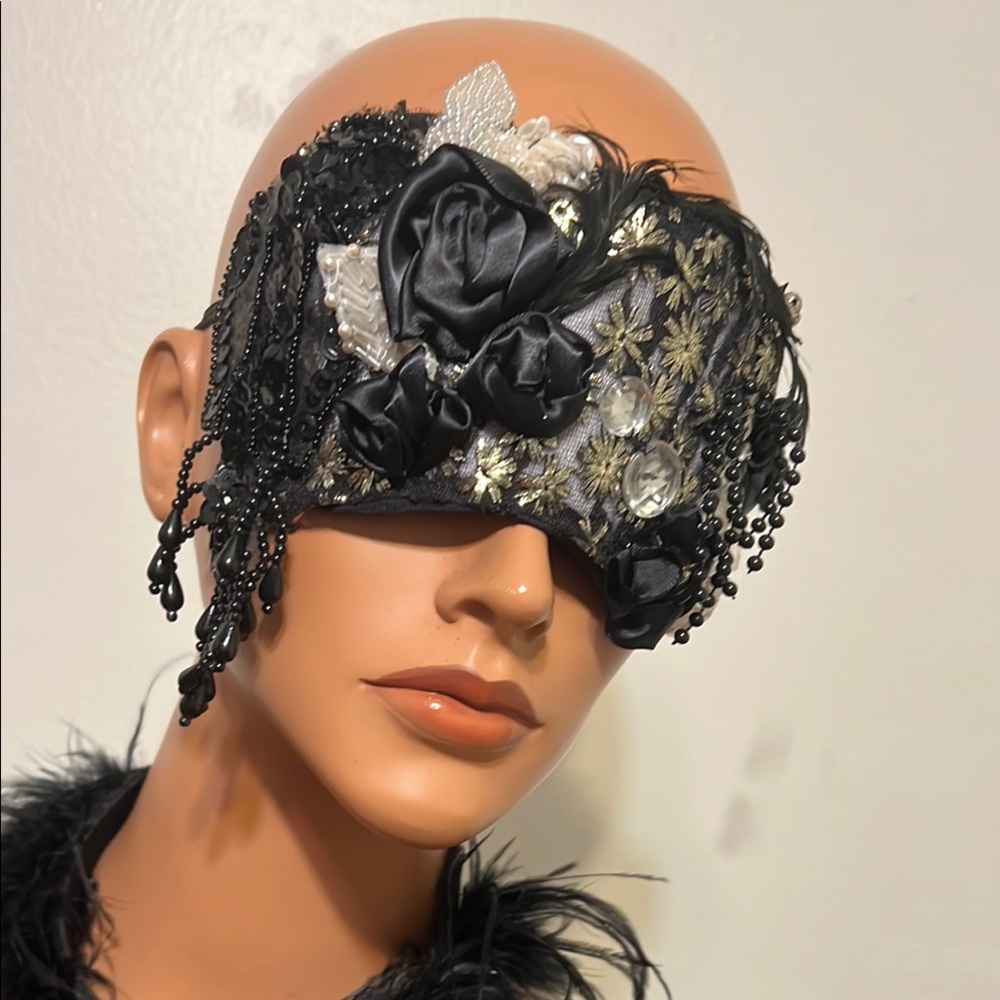 Elegant Black  Embellished Eye Mask Burlesque Beaded Boudoir Eye Mask